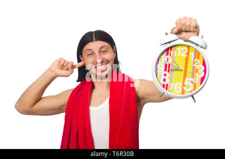 Lustiger Mann Aufwachen am Morgen auf Weiß Stockfoto