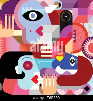 Moderne abstrakte Kunst Malerei mit drei Personen und verschiedene geometrische Formen. Drei Leute Vector Illustration. Stock Vektor