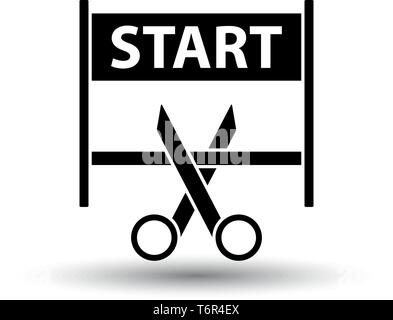 Schere schneiden Band zwischen Start Tor Symbol. Schwarz auf weißem Hintergrund mit Schatten. Vector Illustration. Stock Vektor