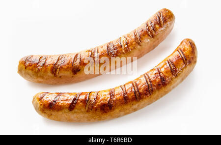 Studio shot Close-up von Zwei gegrillte deutsche Würstchen auf weißen Hintergrund für Kopie Raum Stockfoto