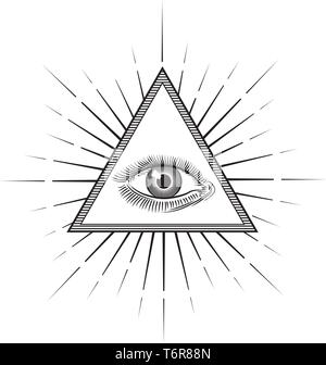 Vintage Gravur im Auge der Vorsehung oder All seeing Eye im inneren Dreieck Pyramide. Religion, Spiritualität und Okkultismus Symbol isoliert Vektor illus Stock Vektor