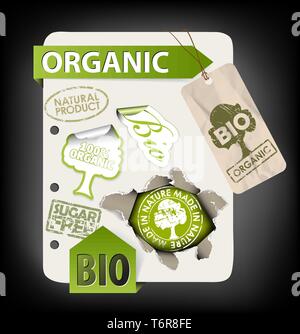 Satz von Bio, Eco, organische Elemente - Etiketten, Aufkleber, Stempel, Bänder auf Blatt Papier Stock Vektor