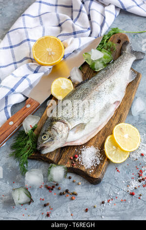 Rohe Forelle, Gewürze und Eiswürfel. Stockfoto