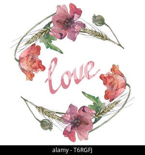 Rot und Lila Mohn Blumen botanischen Blumen. Aquarell Hintergrund Abbildung. Rahmenlinie ornament Quadrat. Stockfoto