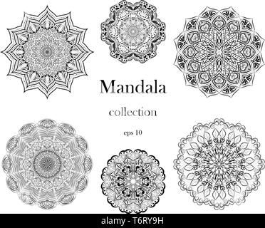 Mandala Design Element isoliert Dekoration auf weißem Hintergrund. 6 Dekorative floralen Muster. Stock Vektor