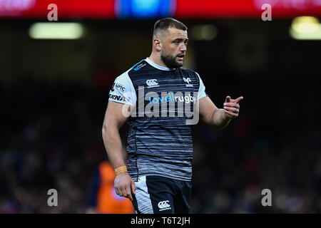 27.April 2019, Fürstentum, das Stadion, Cardiff, Wales; Guinness pro 14, Runden 21, Cardiff Blues Vs Fischadler; Sam Abwehr der Fischadler Credit: Craig Thomas/News Bilder Stockfoto