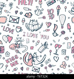 Valentines Elemente nahtlose Muster. Hintergrund mit niedlichen Katzen und liebe Objekte in doodle Stil. Stock Vektor