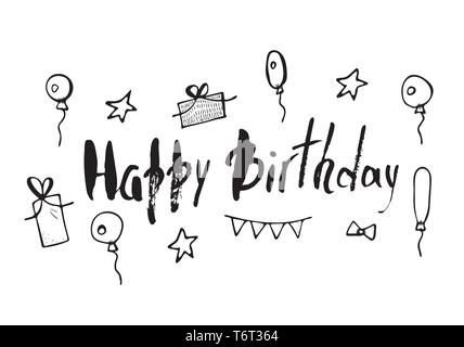 Happy birthday Hand gezeichnet Zitat mit Geschenken und events Elemente. Handdrawn Schriftzug mit Dekoration urlaub Elemente auf weißem Hintergrund. Vec Stock Vektor