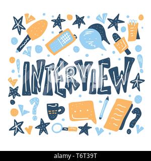 Interview Schriftzug mit Dekoration Design Element. Satz von Interview tools. Banner Vorlagen mit Text und Journalismus Symbole. Vektor konzeptionelle illust Stock Vektor