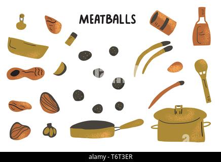 Frikadellen Rezept. Zutaten für Fleischbällchen in doodle Stil auf weißem Hintergrund. Vektor Design. Stock Vektor