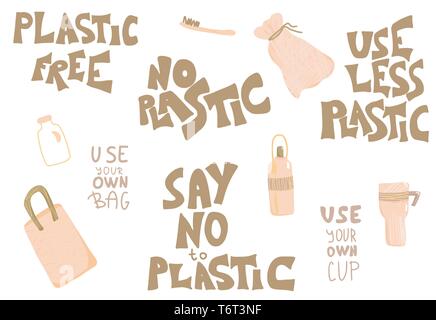 Kunststoff Design Elemente im flachen Stil. Zitate mit Eco lifestyle Material auf weißem Hintergrund. Handschriftliche Beschriftung und null Abfall sym Stock Vektor