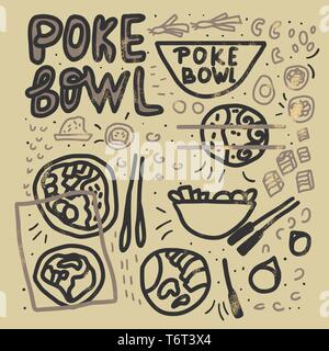Poke Schüssel Poster. Ingrediens der Mahlzeit in doodle Stil. Vektor Prinzipdarstellung. Stock Vektor