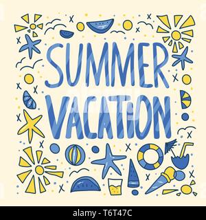 Sommer Urlaub Angebot mit Dekoration. Plakat Vorlage mit handschriftlichen Schriftzug und Ferienhäuser Designelemente. Quadratische Karte mit Text und Sommer tim Stock Vektor