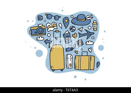 Satz von Reisen Symbole in doodle Stil. Hand gezeichnet Vektor reise Elemente auf weißem Hintergrund. Farbe Abbildung. Stock Vektor