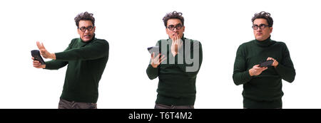 Nerd junger Mann mit Taschenrechner isoliert auf weißem Stockfoto
