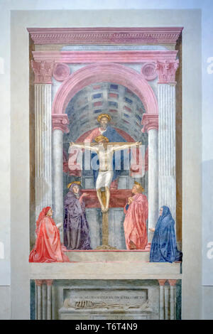 Die Heilige Dreifaltigkeit, mit der Jungfrau Maria und der hl. Johannes und Spendern, Masaccio, 1424, die Basilika Santa Maria Novella, Kirche Santa Maria Novella, Florenz Stockfoto