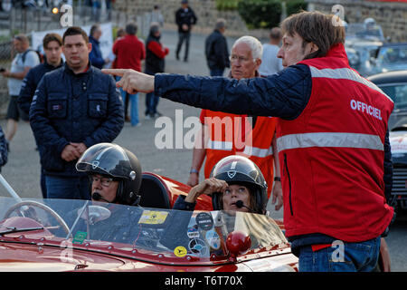 MARCHAMPT, Frankreich, 1. Mai 2019: Tour de France Automobile, 1899 geboren, war eine einzigartige Veranstaltung, mit einem Mix aus Open road, klassische Rennstrecke und bergauf. Stockfoto