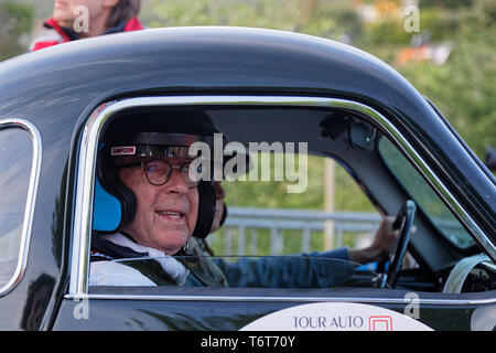 MARCHAMPT, Frankreich, 1. Mai 2019: Tour de France Automobile, 1899 geboren, war eine einzigartige Veranstaltung, mit einem Mix aus Open road, klassische Rennstrecke und bergauf. Stockfoto