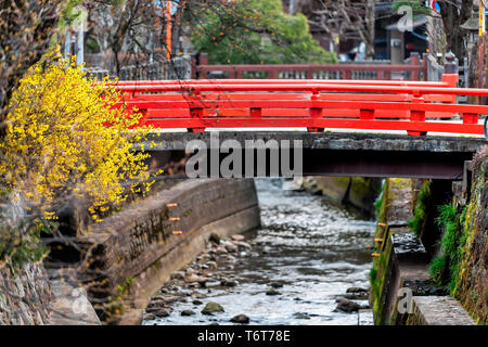 Blick auf rote Brücke am Fluss in Takayama, Präfektur Gifu in Japan mit Wasser im frühen Frühjahr und gelben Baum Stockfoto