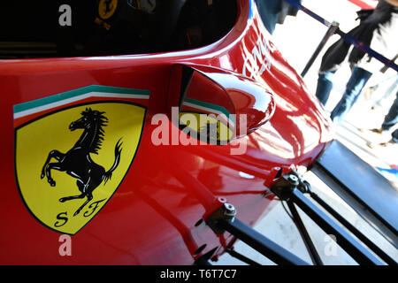 Imola, 27. April 2019: Detail der Historischen 1984 Ferrari F1 Auto Modell 126 C 4 ex Michele Alboreto/René Arnoux in der Box bei Minardi historischer Tag Stockfoto