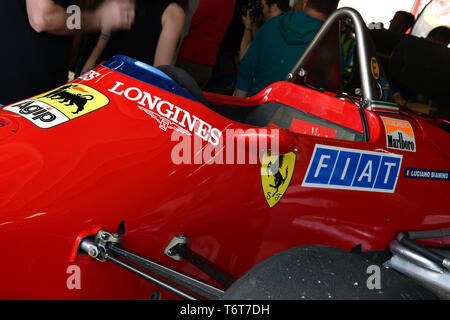 Imola, 27. April 2019: Detail der Historischen 1984 Ferrari F1 Auto Modell 126 C 4 ex Michele Alboreto/René Arnoux in der Box bei Minardi historischer Tag Stockfoto