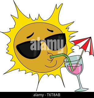 Cartoon sun Maskottchen tragen Sonnenbrillen und Trinken cocktail Vector Illustration Stock Vektor