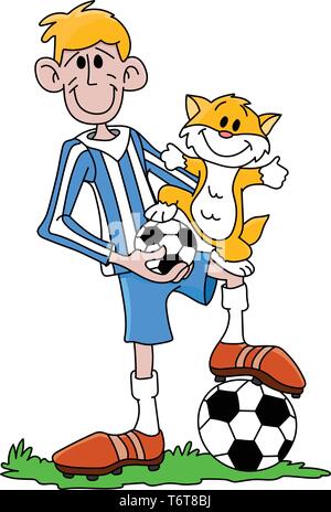 Cartoon fußball Spieler und seine geliebte Katze Vector Illustration Stock Vektor