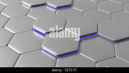 3D-Darstellung der grauen Sechsecke moderne Hintergrund mit blauem Licht Stockfoto