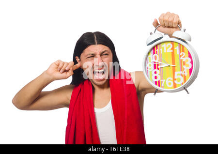 Lustiger Mann Aufwachen am Morgen auf Weiß Stockfoto