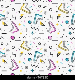 Stilvolle nahtlose Muster mit Sneakers und abstrakten geometrischen Formen in Memphis Stil. Trendy vector Hintergrund. Stock Vektor