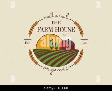 Farm House Konzept Logo. Farbige Vorlage mit Bauernhof Landschaft. Im Retro Stil für natürliche und organische Produkte. Vector Illustration. Stock Vektor