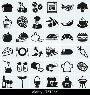 Essen und Kochen Web Icons. Einstellen der schwarzen Symbole für einen kulinarischen Motto. Gesundes und ungesundes Essen, Obst und Gemüse, Gewürze, Kochutensilien und vieles mehr. Stock Vektor