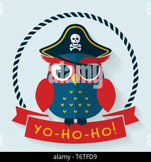 Yo-ho-ho! Karte mit lustigen Piraten Eule. Flat Style mit langen Schatten. Vector Illustration. Stock Vektor