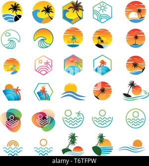 Beach Sunset Logo Design, Logo collection Vector Illustration - Vektor Stock Vektor