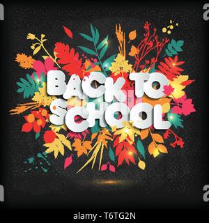 3D realistische Zurück zu Schule Titel Poster Design in eine Tafel mit Blätter im Herbst. Vector Illustration. Stock Vektor