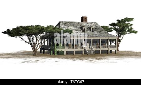 Plantation Häuser mit Regenschirm Pinien - auf weißem Hintergrund Stockfoto