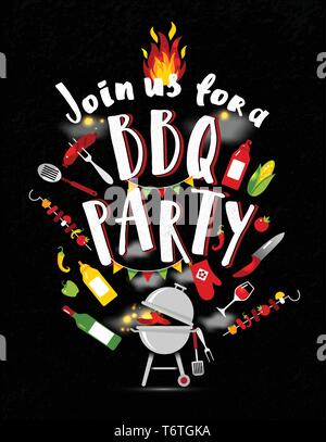 BBQ party Einladung auf schwarzem Hintergrund mit Symbolen der Grill. Stock Vektor
