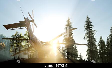 Alte verrostete Militärhubschrauber im Bergwald bei Sonnenaufgang Stockfoto