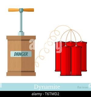 Flache Symbol detonator und Bündel Dynamite Sticks isoliert ob weiß Stock Vektor