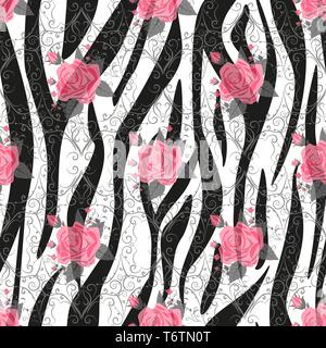 Zebrastreifen mit Rote rose Blumen nahtlose Muster. Zebramuster, tierische Haut, Tiger stripes, abstraktes Muster, Hintergrund, Stoff. Erstaunliche hand Stock Vektor