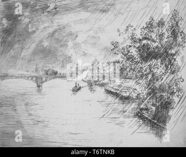 Schwarze und weiße Radierung mit der Darstellung eines Regen wusch Blick auf der gewölbten Brücke früher als die Pont des Saints Peres (jetzt die Pont du Carrousel) auf der Seine in Paris, Frankreich gelegen, mit Dampf betriebene Boot vorbei unter der Brücke im Mittelgrund und zwei Kanal Boote an der rechten; mit dem Titel "Vue du Pont des Saints Peres' (Blick auf den Pont des Saints Peres), nummeriert und signiert, vom Illustrator Felix Bracquemond, 1877 bekannt. Von der New York Public Library. () Stockfoto