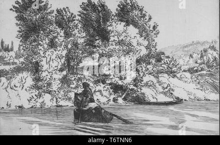 Schwarze und weiße Ätzen, Darstellung einer Flusslandschaft, mit zwei Fischer in einem Ruderboot im Vordergrund, einer ständigen und halten ein Netz über dem Wasser, mit einem Ruderboot am Rande eines Baumes günstig gesäumten Bank im Hintergrund; mit dem Titel "Le Pecheur a l'Epervier" (Fischer mit Net), nummeriert und signiert, vom Illustrator Felix Bracquemond, 1867. Von der New York Public Library. () Stockfoto