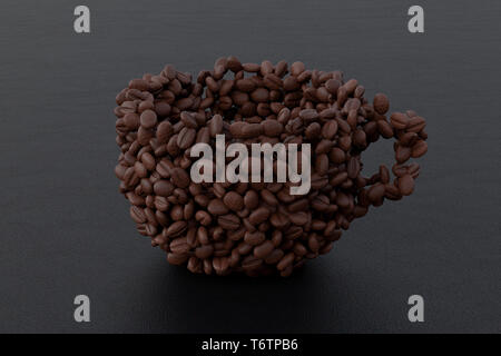 Kaffeebohnen in Form der Schale auf schwarzen Hintergrund. 3D-Rendering Stockfoto