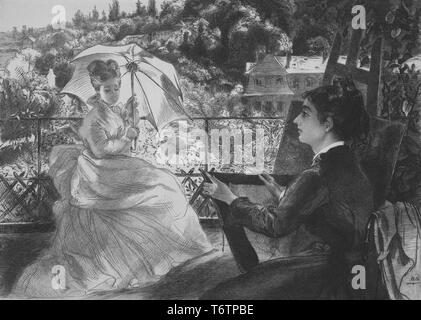 Schwarze und weiße Ätzen mit zwei Frauen, tragen Viktorianischen Kleider, auf einer Terrasse sitzen, mit einer Staffelei und Häuser auf einem Baum Hang sichtbar im Hintergrund; die Frau in der linken Hintergrund hält einen Regenschirm und Posen kokett wie die Frau rechts im Vordergrund sieht zu ihr auf einer Leinwand, die Sie Guthaben auf ihrem Schoß; mit dem Titel "La Terrasse de la Villa Brancas' (die Terrasse der Villa Brancas); nummeriert und vom Illustrator Felix Bracquemond, 1867 unterzeichnet. Von der New York Public Library. () Stockfoto