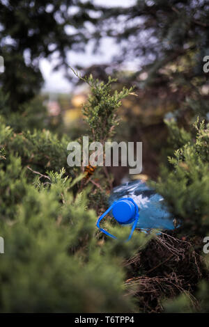 Blue big Kunststoff Flasche auf dem Boden liegend in Baum in einem Park Wald geworfen, die nicht recycelt - Abfall und Verschmutzung der Stadt und Natur - Verfallen Stockfoto