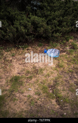 Blue big Kunststoff Flasche auf dem Boden liegend in Baum in einem Park Wald geworfen, die nicht recycelt - Abfall und Verschmutzung der Stadt und Natur - Verfallen Stockfoto