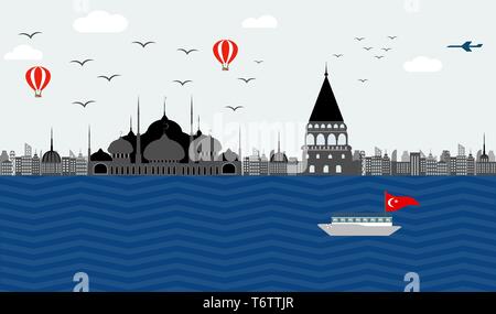 Vektor Schöne Aussicht auf den Damm der Türkei Istanbul die Blaue Moschee und der Galata Turm auf der Stadt mit Gebäuden und Architektur mit se Stock Vektor