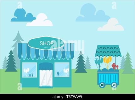 Vektor, der ein Haus Shop mit einem Zeichen von Süßigkeiten und Backen Grün auf der Straße mit Bäumen und einem Van mit Eis und Ballons auf Natur mit Baum Stock Vektor