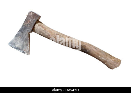 Alte hatchet Axt mit Griff aus Holz Werkzeug auf weißem Hintergrund verwendet Stockfoto