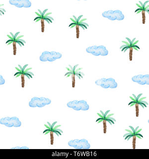 Aquarell nahtlose Muster mit Palmen und blauen Wolken. Strand style Hand gezeichnet. Stockfoto